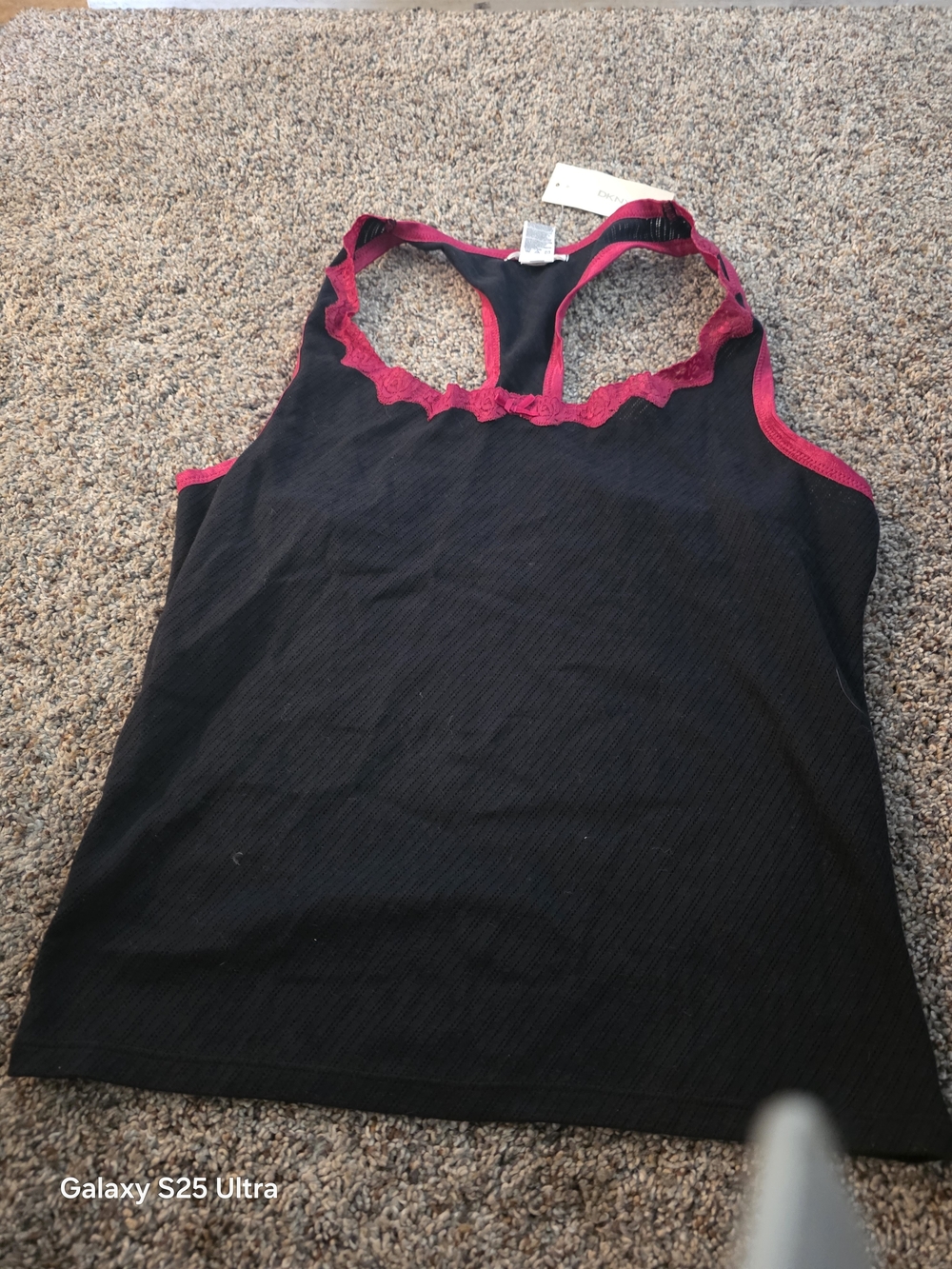 DKNY Black Tank Top with Pink Lace Trim